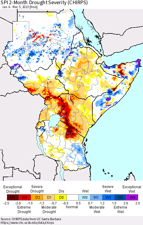 Eastern Africa SPI 2-Month Drought Severity (CHIRPS) Thematic Map For 1/6/2023 - 3/5/2023