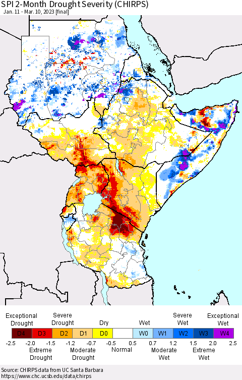 Eastern Africa SPI 2-Month Drought Severity (CHIRPS) Thematic Map For 1/11/2023 - 3/10/2023