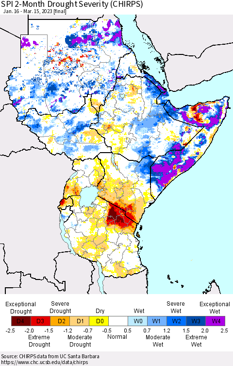 Eastern Africa SPI 2-Month Drought Severity (CHIRPS) Thematic Map For 1/16/2023 - 3/15/2023