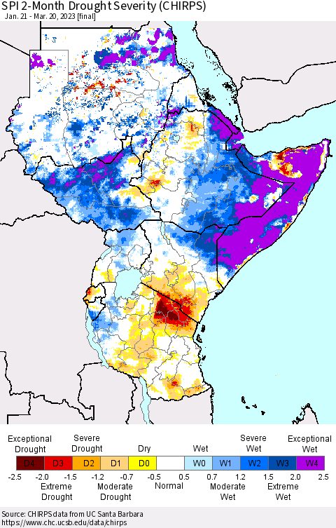 Eastern Africa SPI 2-Month Drought Severity (CHIRPS) Thematic Map For 1/21/2023 - 3/20/2023
