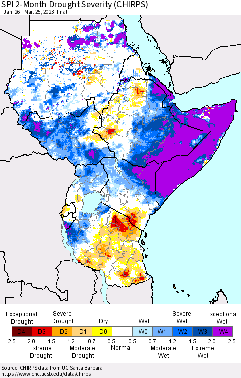 Eastern Africa SPI 2-Month Drought Severity (CHIRPS) Thematic Map For 1/26/2023 - 3/25/2023