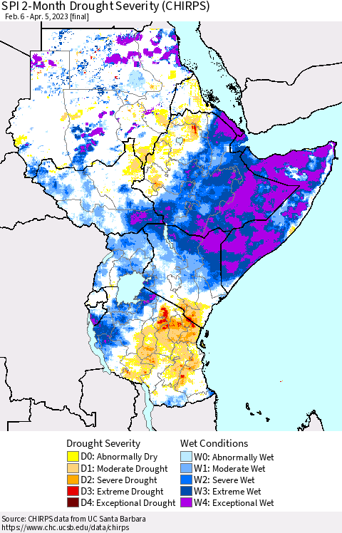 Eastern Africa SPI 2-Month Drought Severity (CHIRPS) Thematic Map For 2/6/2023 - 4/5/2023