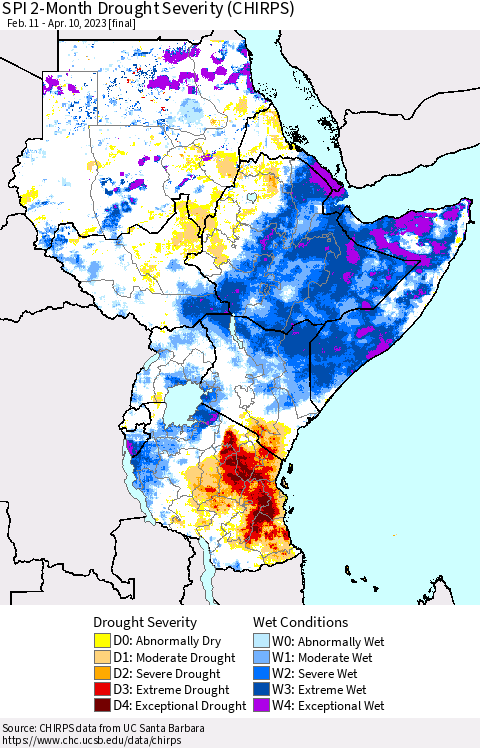 Eastern Africa SPI 2-Month Drought Severity (CHIRPS) Thematic Map For 2/11/2023 - 4/10/2023