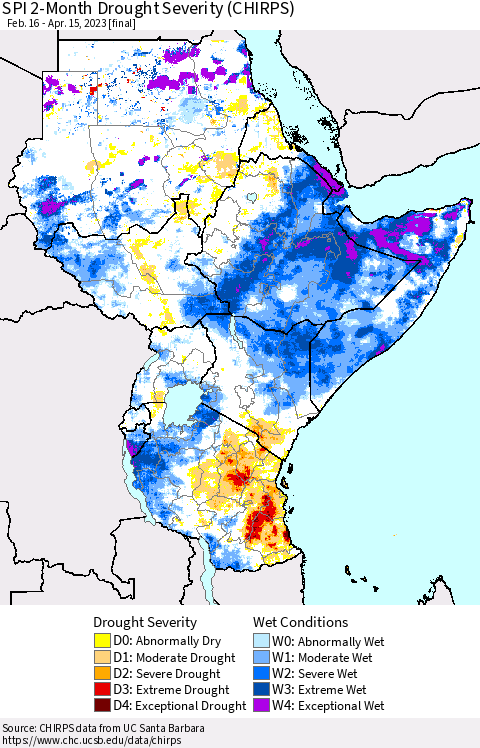 Eastern Africa SPI 2-Month Drought Severity (CHIRPS) Thematic Map For 2/16/2023 - 4/15/2023