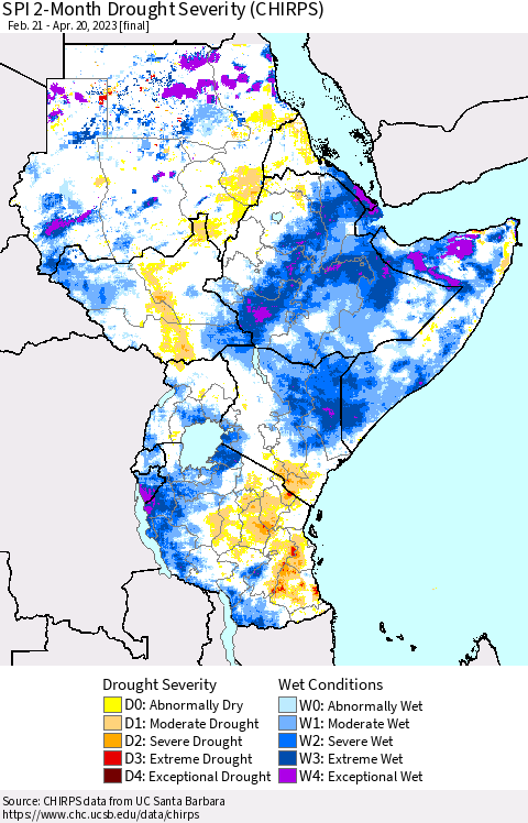 Eastern Africa SPI 2-Month Drought Severity (CHIRPS) Thematic Map For 2/21/2023 - 4/20/2023