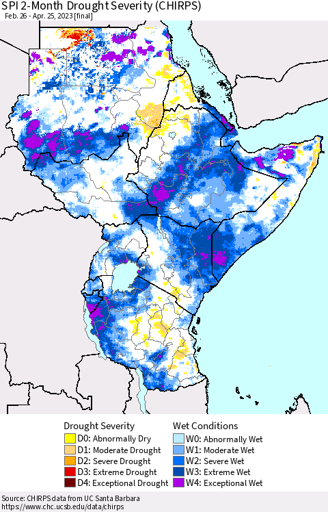 Eastern Africa SPI 2-Month Drought Severity (CHIRPS) Thematic Map For 2/26/2023 - 4/25/2023