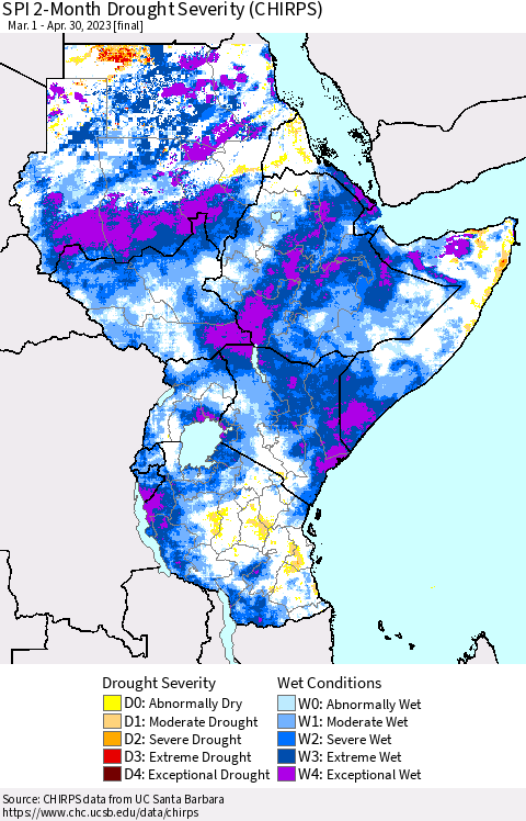 Eastern Africa SPI 2-Month Drought Severity (CHIRPS) Thematic Map For 3/1/2023 - 4/30/2023