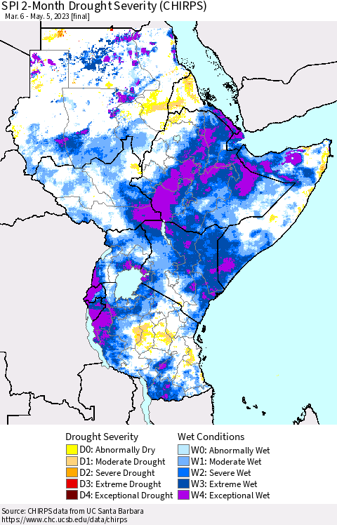 Eastern Africa SPI 2-Month Drought Severity (CHIRPS) Thematic Map For 3/6/2023 - 5/5/2023