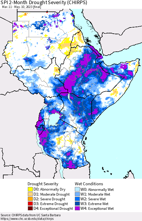 Eastern Africa SPI 2-Month Drought Severity (CHIRPS) Thematic Map For 3/11/2023 - 5/10/2023