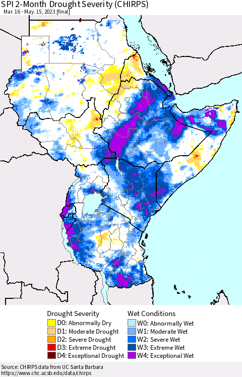 Eastern Africa SPI 2-Month Drought Severity (CHIRPS) Thematic Map For 3/16/2023 - 5/15/2023