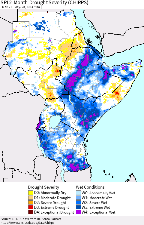 Eastern Africa SPI 2-Month Drought Severity (CHIRPS) Thematic Map For 3/21/2023 - 5/20/2023