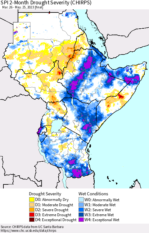 Eastern Africa SPI 2-Month Drought Severity (CHIRPS) Thematic Map For 3/26/2023 - 5/25/2023