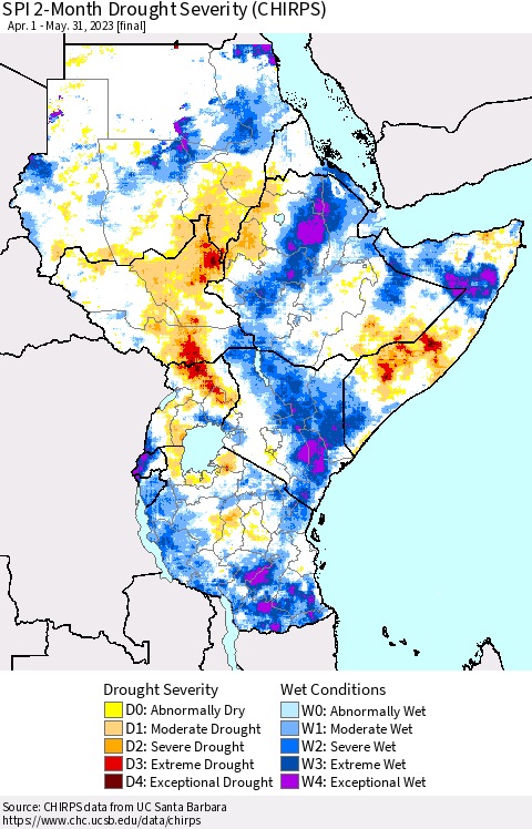 Eastern Africa SPI 2-Month Drought Severity (CHIRPS) Thematic Map For 4/1/2023 - 5/31/2023