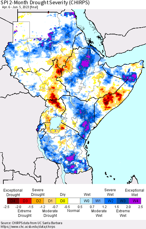 Eastern Africa SPI 2-Month Drought Severity (CHIRPS) Thematic Map For 4/6/2023 - 6/5/2023
