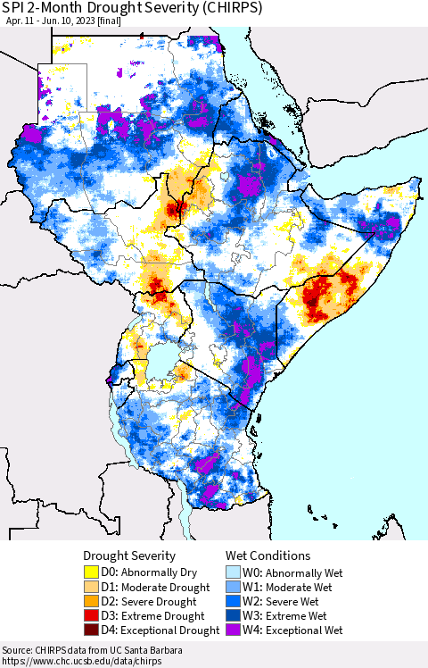 Eastern Africa SPI 2-Month Drought Severity (CHIRPS) Thematic Map For 4/11/2023 - 6/10/2023