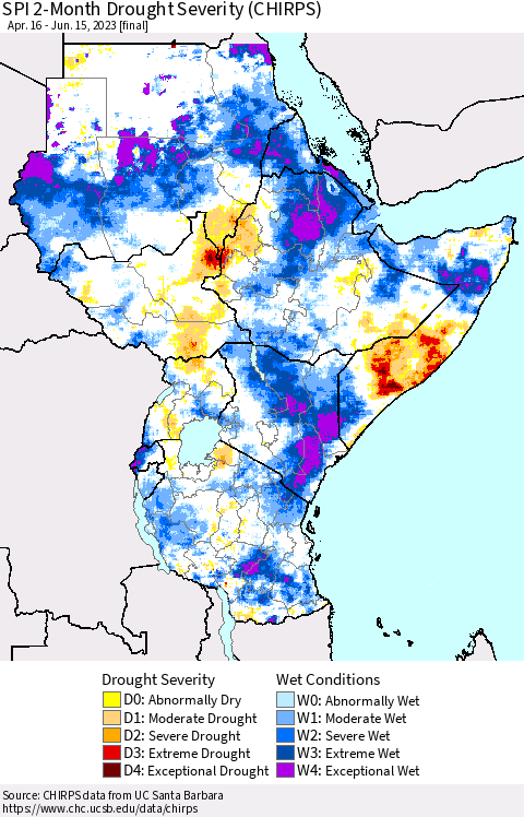 Eastern Africa SPI 2-Month Drought Severity (CHIRPS) Thematic Map For 4/16/2023 - 6/15/2023