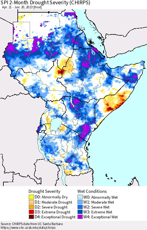 Eastern Africa SPI 2-Month Drought Severity (CHIRPS) Thematic Map For 4/21/2023 - 6/20/2023