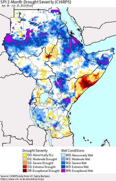 Eastern Africa SPI 2-Month Drought Severity (CHIRPS) Thematic Map For 4/26/2023 - 6/25/2023