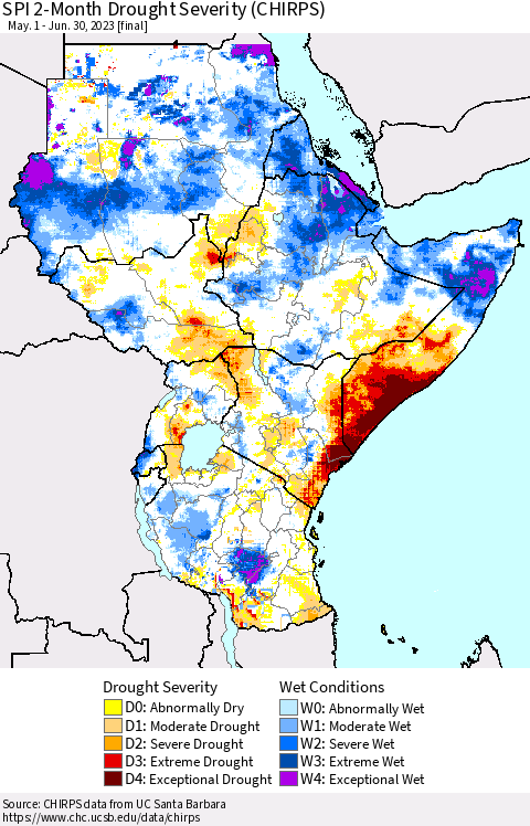 Eastern Africa SPI 2-Month Drought Severity (CHIRPS) Thematic Map For 5/1/2023 - 6/30/2023