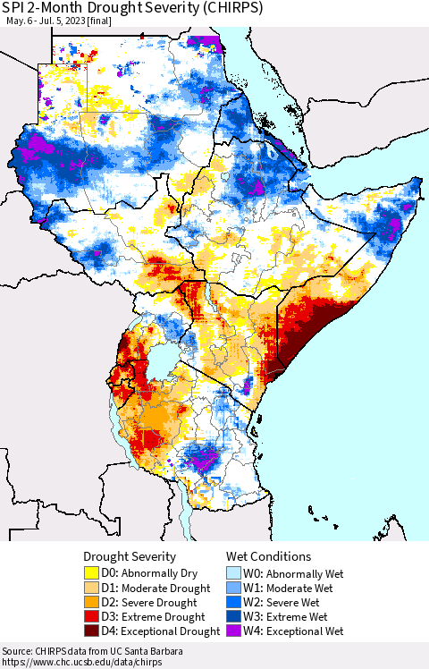 Eastern Africa SPI 2-Month Drought Severity (CHIRPS) Thematic Map For 5/6/2023 - 7/5/2023