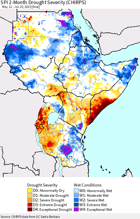 Eastern Africa SPI 2-Month Drought Severity (CHIRPS) Thematic Map For 5/11/2023 - 7/10/2023