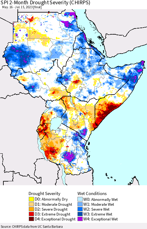 Eastern Africa SPI 2-Month Drought Severity (CHIRPS) Thematic Map For 5/16/2023 - 7/15/2023