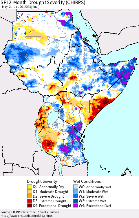 Eastern Africa SPI 2-Month Drought Severity (CHIRPS) Thematic Map For 5/21/2023 - 7/20/2023