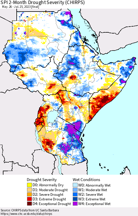 Eastern Africa SPI 2-Month Drought Severity (CHIRPS) Thematic Map For 5/26/2023 - 7/25/2023