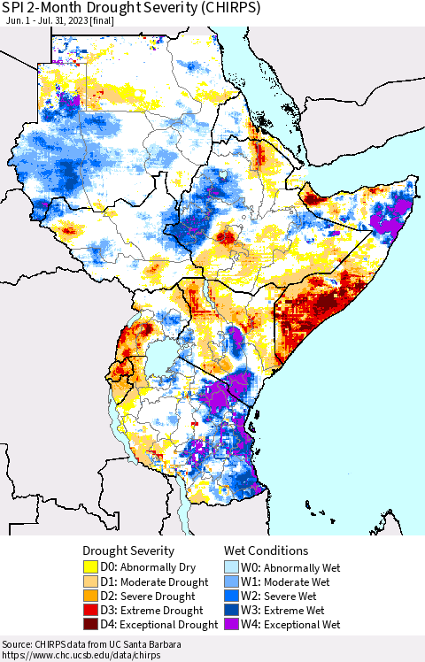 Eastern Africa SPI 2-Month Drought Severity (CHIRPS) Thematic Map For 6/1/2023 - 7/31/2023