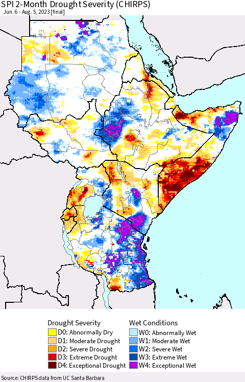 Eastern Africa SPI 2-Month Drought Severity (CHIRPS) Thematic Map For 6/6/2023 - 8/5/2023