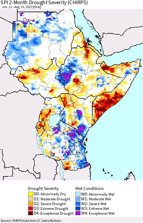 Eastern Africa SPI 2-Month Drought Severity (CHIRPS) Thematic Map For 6/11/2023 - 8/10/2023
