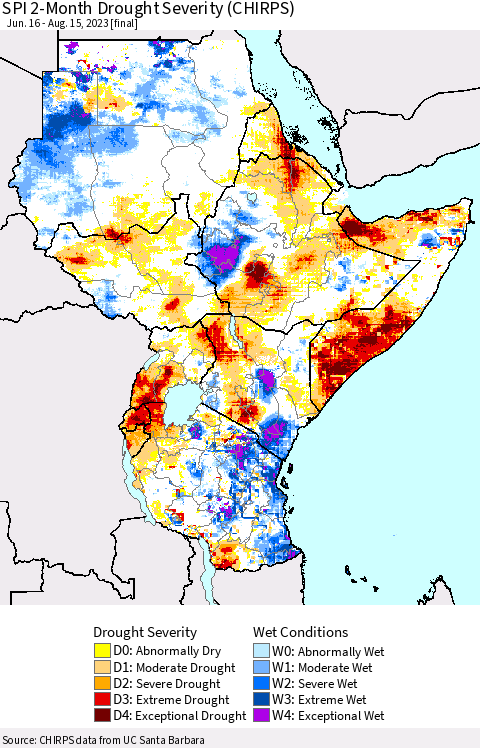 Eastern Africa SPI 2-Month Drought Severity (CHIRPS) Thematic Map For 6/16/2023 - 8/15/2023