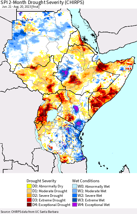 Eastern Africa SPI 2-Month Drought Severity (CHIRPS) Thematic Map For 6/21/2023 - 8/20/2023