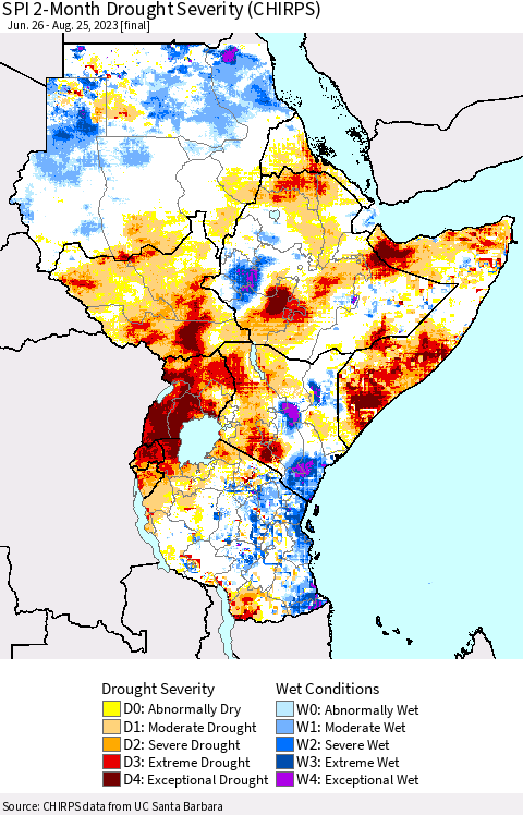Eastern Africa SPI 2-Month Drought Severity (CHIRPS) Thematic Map For 6/26/2023 - 8/25/2023