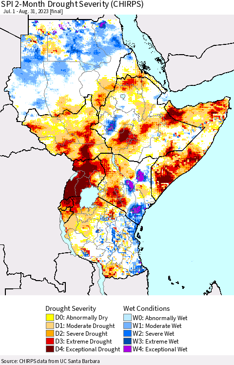 Eastern Africa SPI 2-Month Drought Severity (CHIRPS) Thematic Map For 7/1/2023 - 8/31/2023