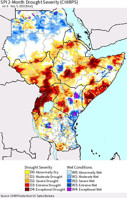 Eastern Africa SPI 2-Month Drought Severity (CHIRPS) Thematic Map For 7/6/2023 - 9/5/2023