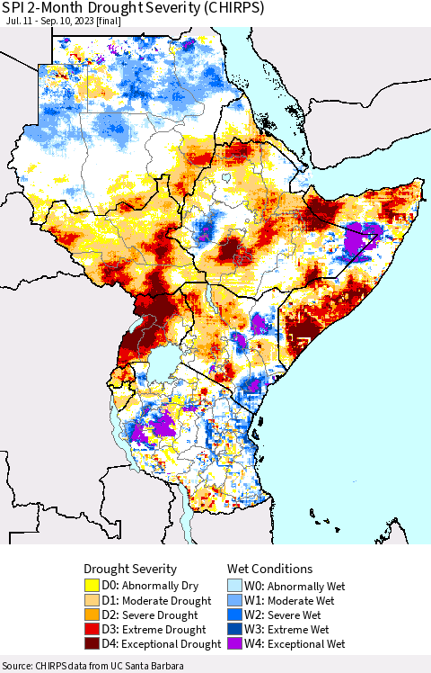 Eastern Africa SPI 2-Month Drought Severity (CHIRPS) Thematic Map For 7/11/2023 - 9/10/2023