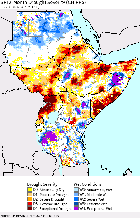 Eastern Africa SPI 2-Month Drought Severity (CHIRPS) Thematic Map For 7/16/2023 - 9/15/2023