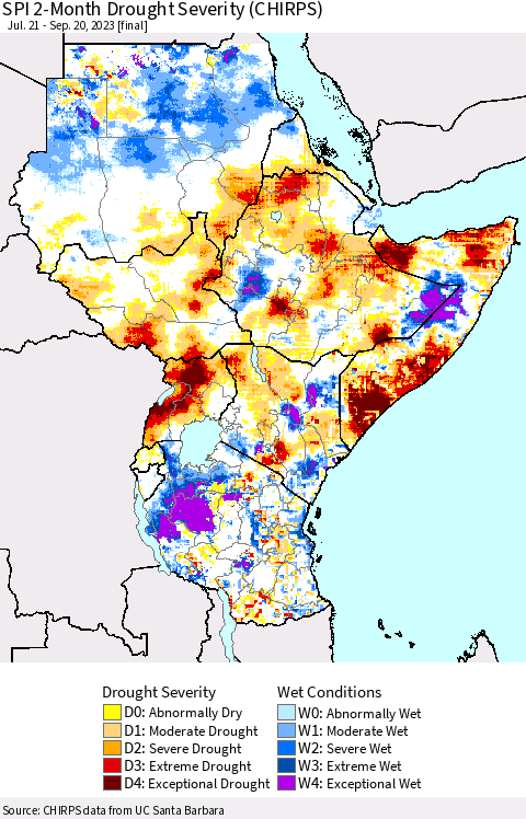 Eastern Africa SPI 2-Month Drought Severity (CHIRPS) Thematic Map For 7/21/2023 - 9/20/2023