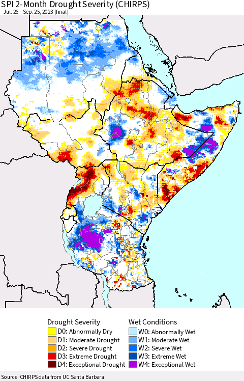 Eastern Africa SPI 2-Month Drought Severity (CHIRPS) Thematic Map For 7/26/2023 - 9/25/2023