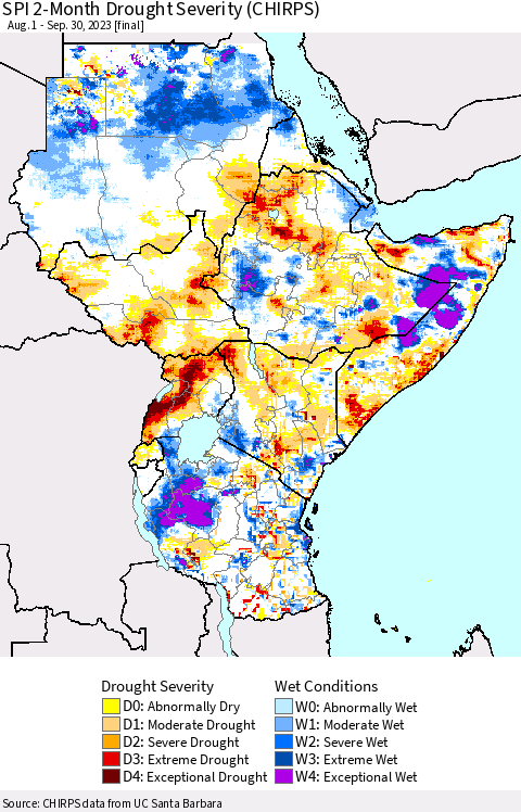 Eastern Africa SPI 2-Month Drought Severity (CHIRPS) Thematic Map For 8/1/2023 - 9/30/2023