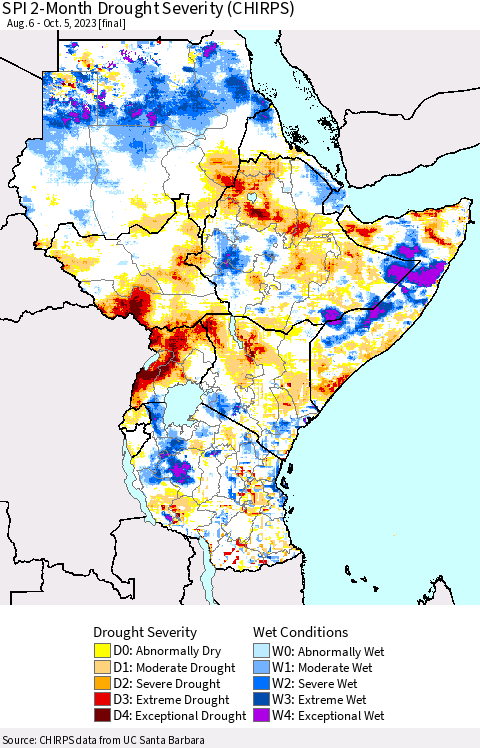 Eastern Africa SPI 2-Month Drought Severity (CHIRPS) Thematic Map For 8/6/2023 - 10/5/2023