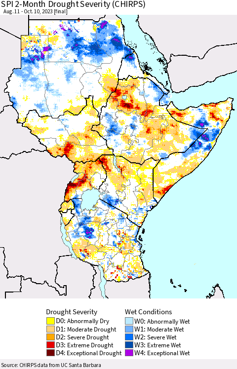 Eastern Africa SPI 2-Month Drought Severity (CHIRPS) Thematic Map For 8/11/2023 - 10/10/2023