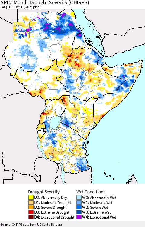 Eastern Africa SPI 2-Month Drought Severity (CHIRPS) Thematic Map For 8/16/2023 - 10/15/2023