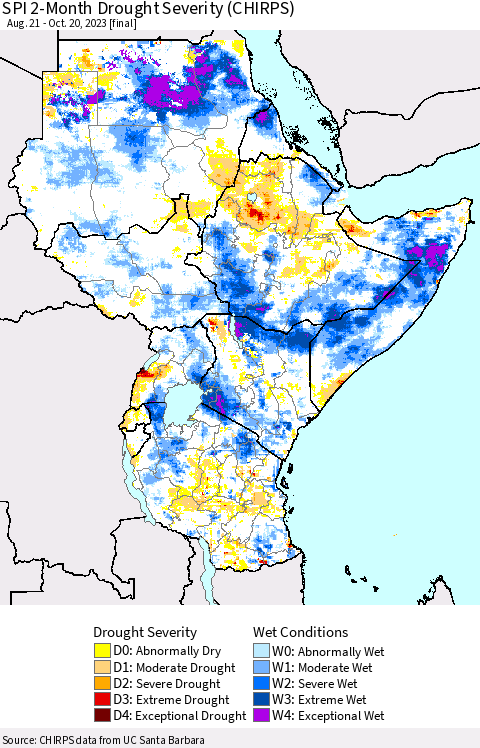 Eastern Africa SPI 2-Month Drought Severity (CHIRPS) Thematic Map For 8/21/2023 - 10/20/2023