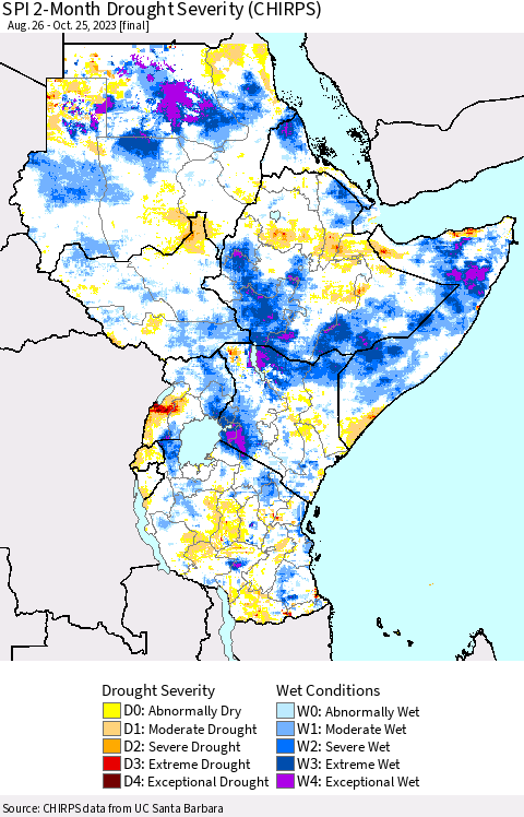 Eastern Africa SPI 2-Month Drought Severity (CHIRPS) Thematic Map For 8/26/2023 - 10/25/2023