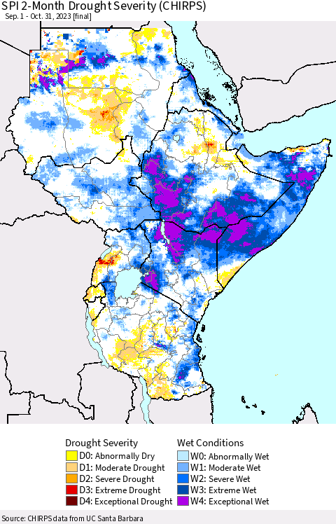 Eastern Africa SPI 2-Month Drought Severity (CHIRPS) Thematic Map For 9/1/2023 - 10/31/2023