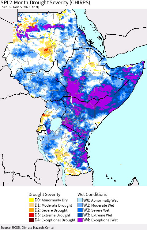 Eastern Africa SPI 2-Month Drought Severity (CHIRPS) Thematic Map For 9/6/2023 - 11/5/2023