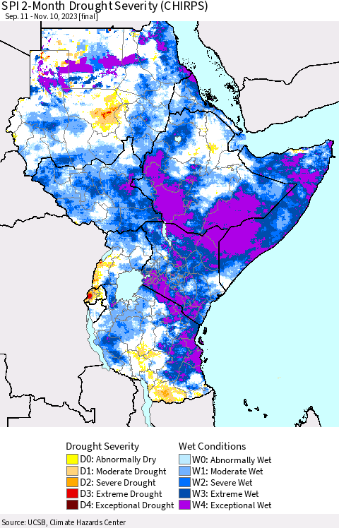 Eastern Africa SPI 2-Month Drought Severity (CHIRPS) Thematic Map For 9/11/2023 - 11/10/2023
