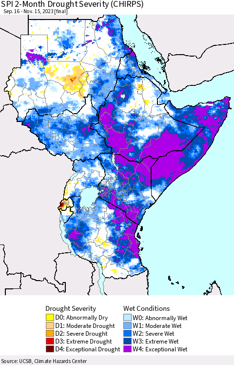 Eastern Africa SPI 2-Month Drought Severity (CHIRPS) Thematic Map For 9/16/2023 - 11/15/2023